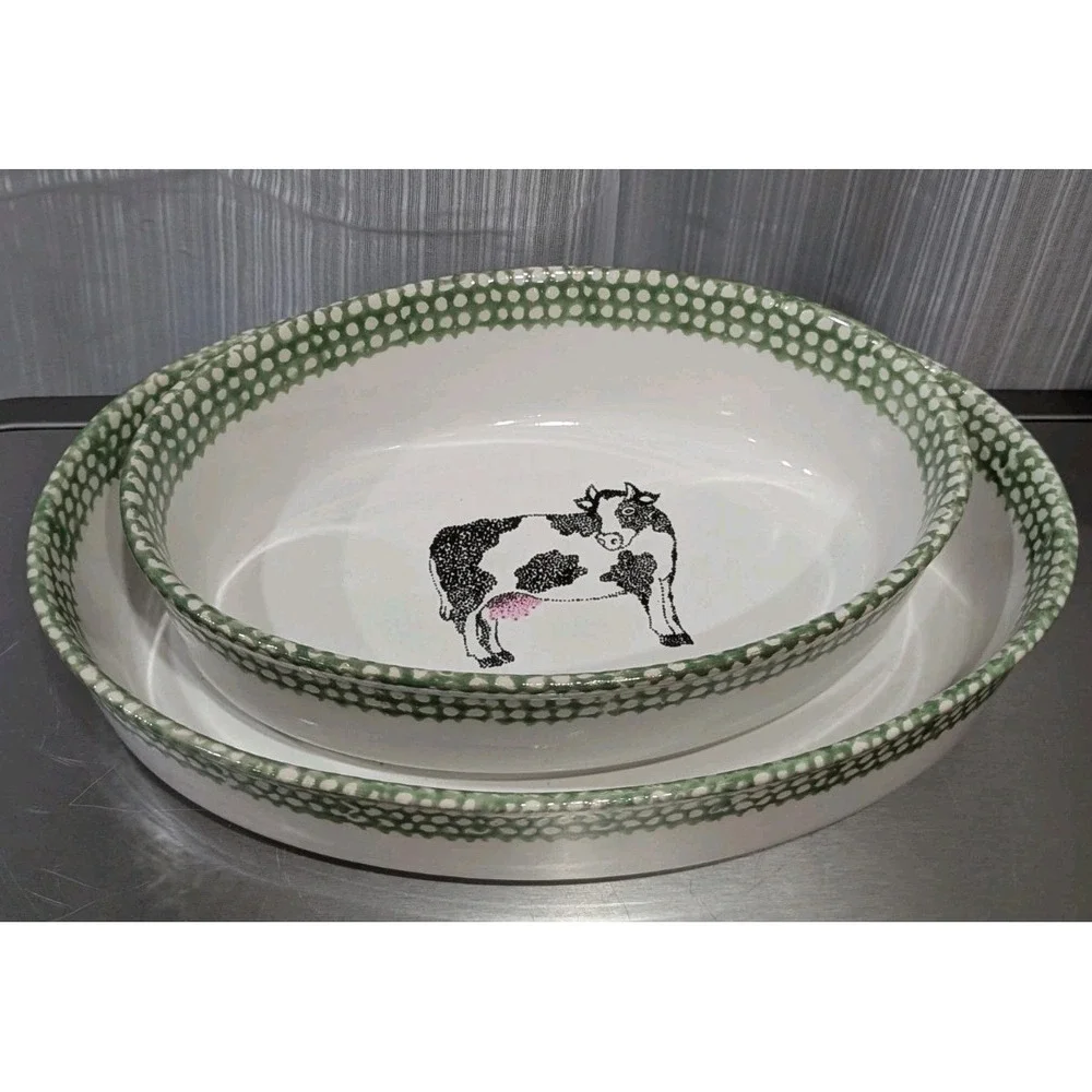 Vintage Teamson Stoneware Oval Baking Casserole Dishes Cow Pattern 1995 Set Of 2